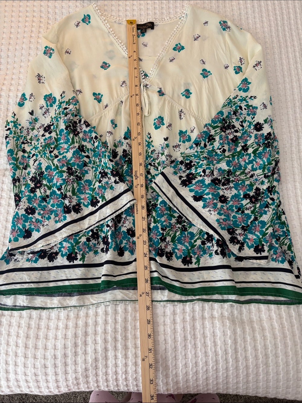 Suzanne Betro Cotton BOHO Cream Tunic with Teal & Black Floral Border SZ 3X - Picture 5 of 5